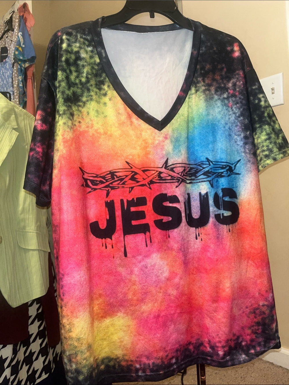 V-Neck Rainbow Tie-Dye 'JESUS' Graphic Tee